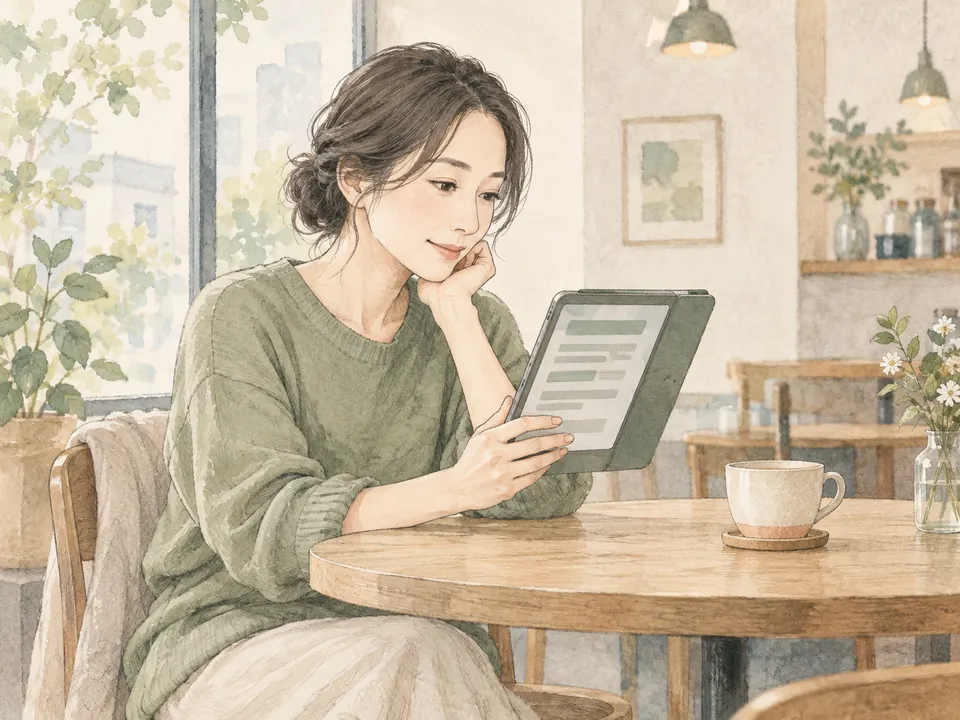 A reader with a tablet at a café table