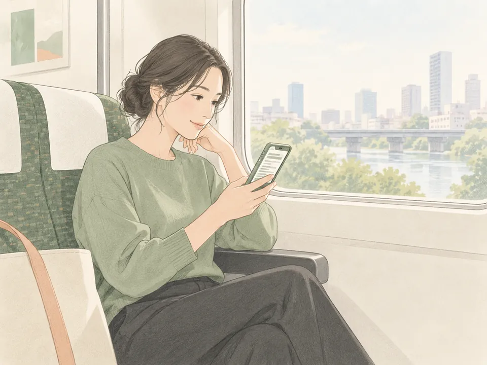 A reader using a phone by a train window