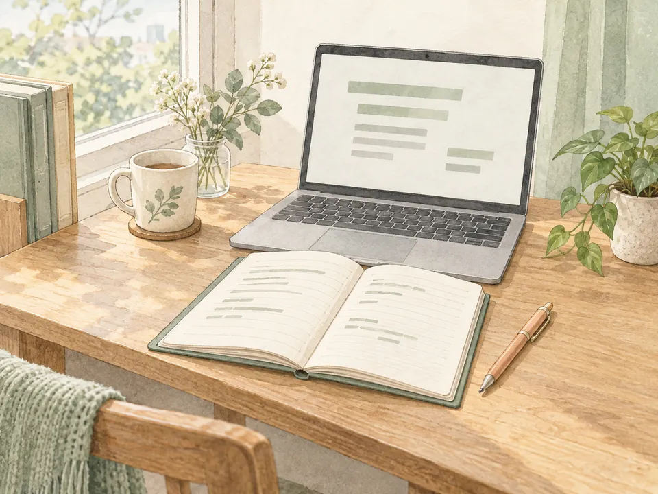 A laptop, an open journal and a pen on a desk