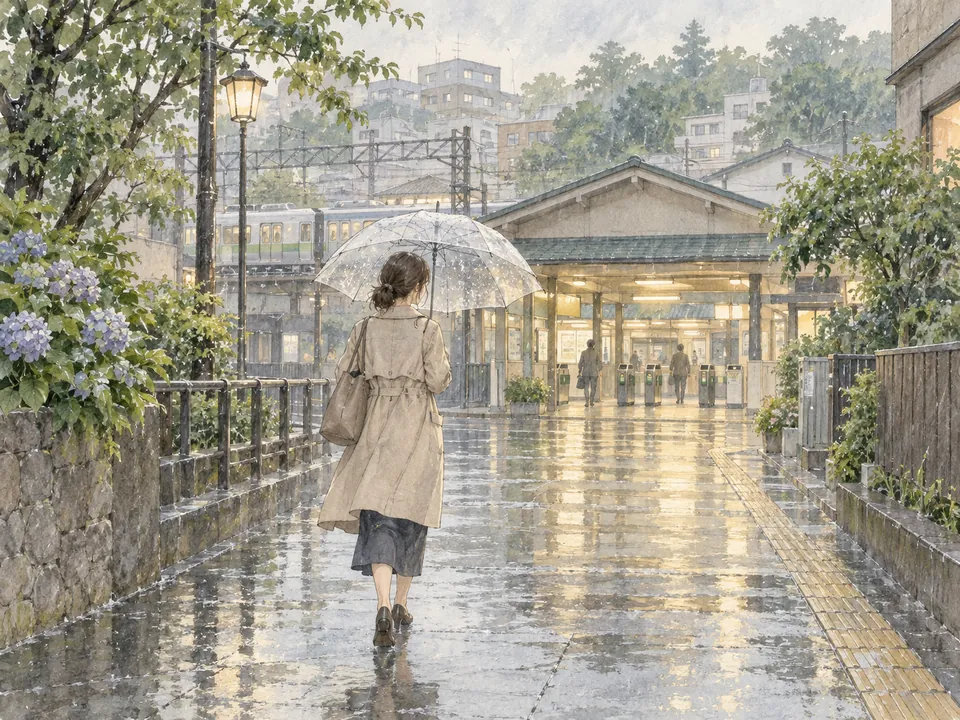 雨の街で透明な傘を差して駅へ向かう通勤者