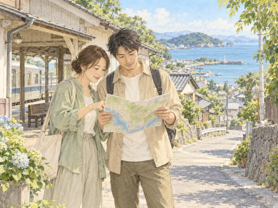 海辺の小さな駅の前で地図を広げる二人の旅行者
