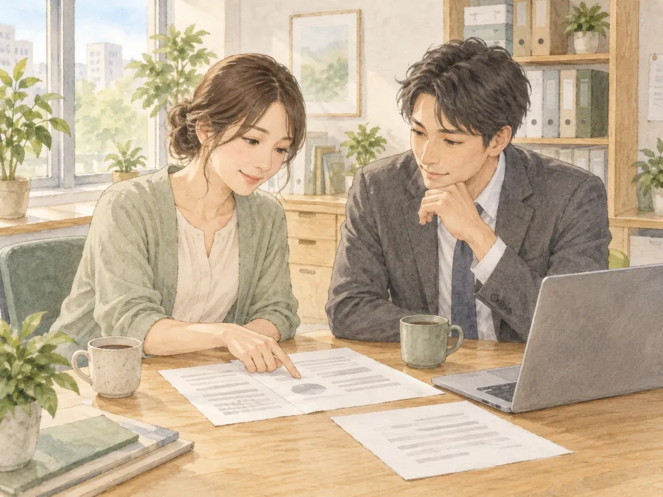明るいオフィスの机で資料を確認する二人の同僚